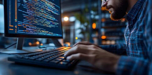 A person coding on a computer, showcasing programming and digital work environment.
