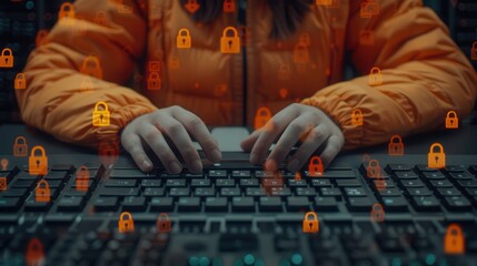 A person in an orange jacket types on a keyboard, with padlock graphics overlaying the scene, symbolizing online security and data protection.