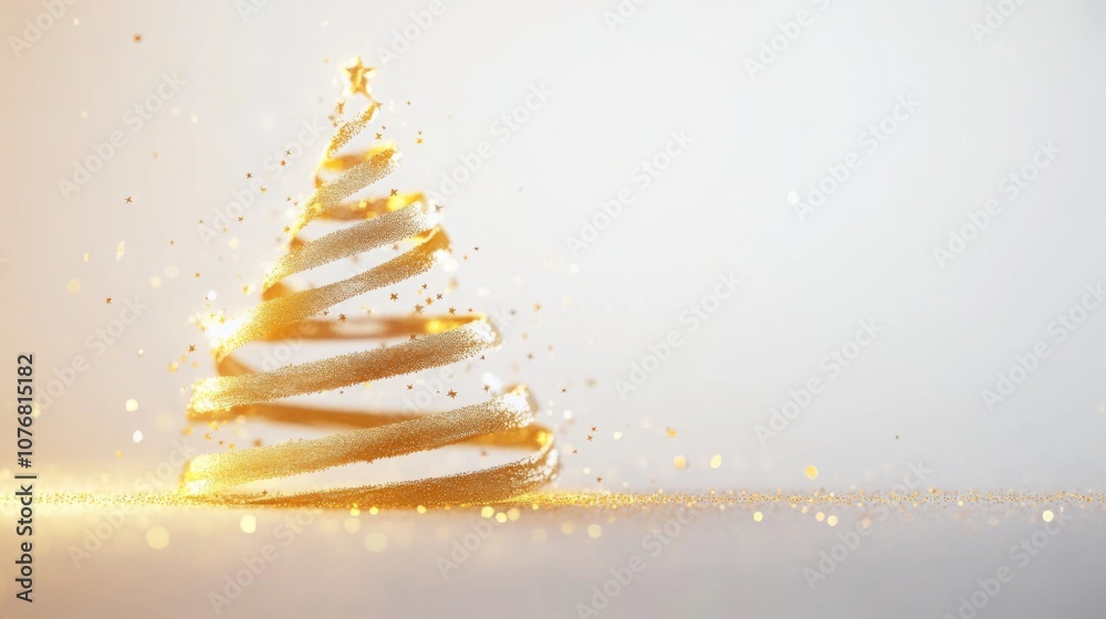 Poster a gold ribbon is twisted into a tree shape on a white background with a star on top. gold glitter is