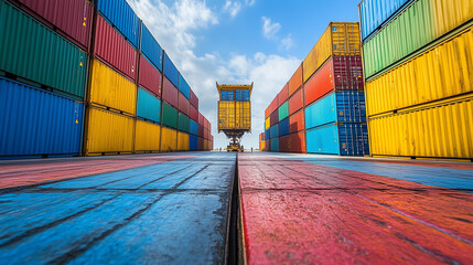 Cargo Containers at the Dock: A captivating perspective of stacked cargo containers at a bustling port, showcasing the vibrant colors and intricate patterns of global trade.