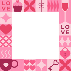 Valentine's day frame with pink elements and geometric shapes. Template for Valentine holiday design