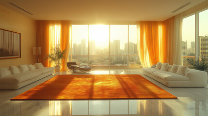 Fototapeta premium Golden Hour Living Room: Sun-drenched luxury apartment with expansive windows, orange rug, and contemporary white sofas. The warm sunset light bathes the room in a luxurious glow. 