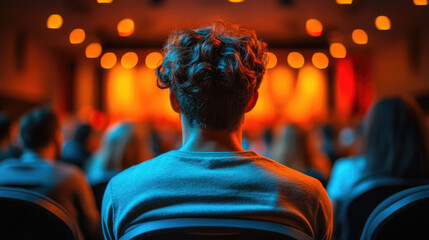 Obraz premium A person sits in the audience, captivated by a vibrant stage performance, filling the theater with energy during an evening event
