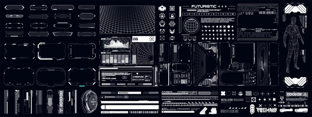 Vector illustration of futuristic HUD elements, digital interfaces, and tech components. Ideal for cyberpunk themes, game design, sci-fi projects, and technology-focused visuals