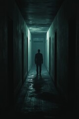 A man is walking down a dark hallway