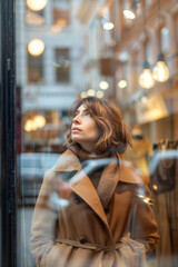 Fototapeta premium A beautiful young woman stands beside a large shop window, with street lights reflecting in the glass, creating a vibrant and stylish urban scene.