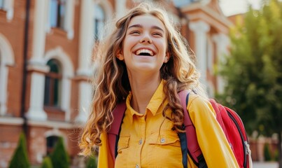 Fototapeta premium Happy smiling girl going to college