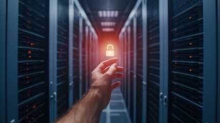 A hand reaches toward a glowing padlock in a server room, symbolizing cybersecurity and data protection in a digital environment.