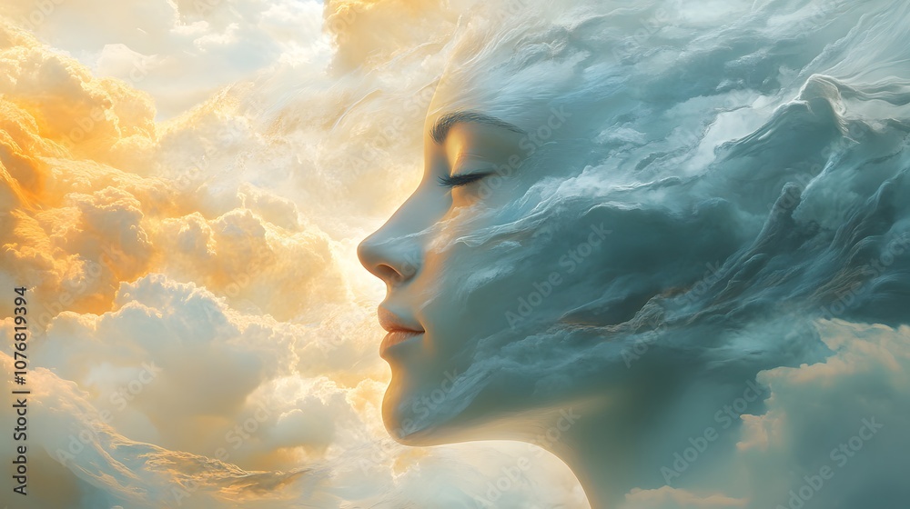 Poster ethereal woman surrounded by soft clouds in a dreamlike sky, symbolizing serenity and imagination wi