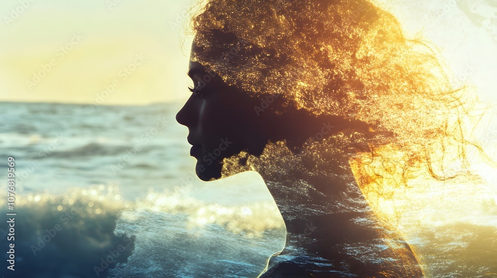 Poster captivating silhouette of a woman merging with ocean waves creating a dreamy and ethereal effect in 