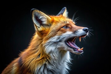 Fototapeta premium Majestic Red Fox Yawning Against a Dramatic Black Background Captured in Nature's Splendor, Showcasing the Beauty of Wildlife in a Striking Contrast of Colors