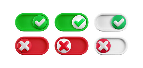 Vector cartoon 3d turn on and off switch button set. Realistic 3d toggle switch sliders with red cross icon, green yes checkmark. Setting toggle mobile app interface material design element collection