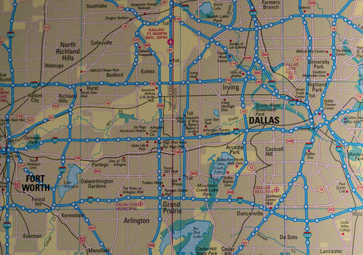 Highway map showing the stretch between Fort Worth and Dallas, Texas