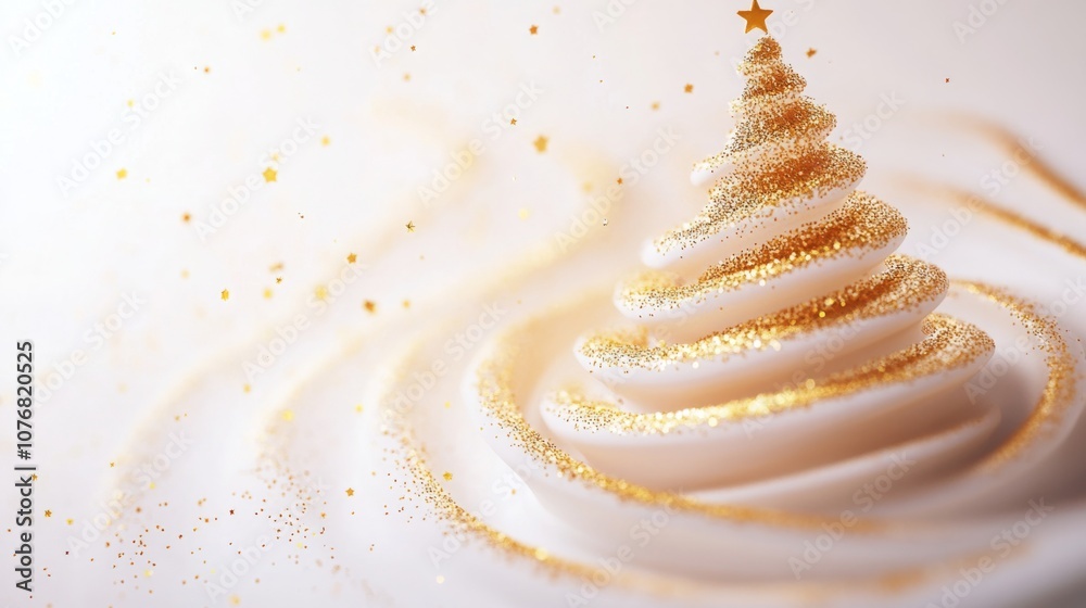 Poster a stylized christmas tree made of white swirls with golden glitter is the focal point of the image. 