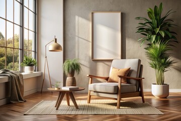 Minimalist Canvas Mockup in a Stylish Interior Featuring an Armchair and Rustic Decor - 3D Rendering of a Contemporary Living Space with Artistic Elements
