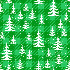 Obraz premium Trendy Christmas seamless pattern. Green Buffalo Plaid background with white Christmas tree texture. Vector checkered plaid and cute winter forest print for fashion, fabric, wrapping paper, decoration