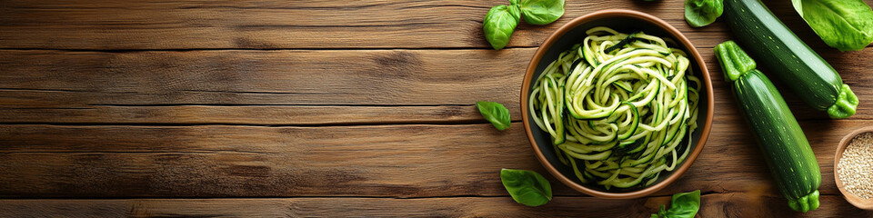 Zucchini noodles topped with fresh spinach on a wooden table, showcasing healthy eating and culinary creativity in meal preparation. Generative AI