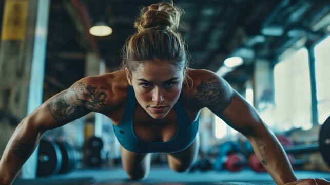 A determined woman in athletic wear performs a push-up exercise, looking directly at the camera. She has a strong physique with visible muscles and tattoos on her arm. .