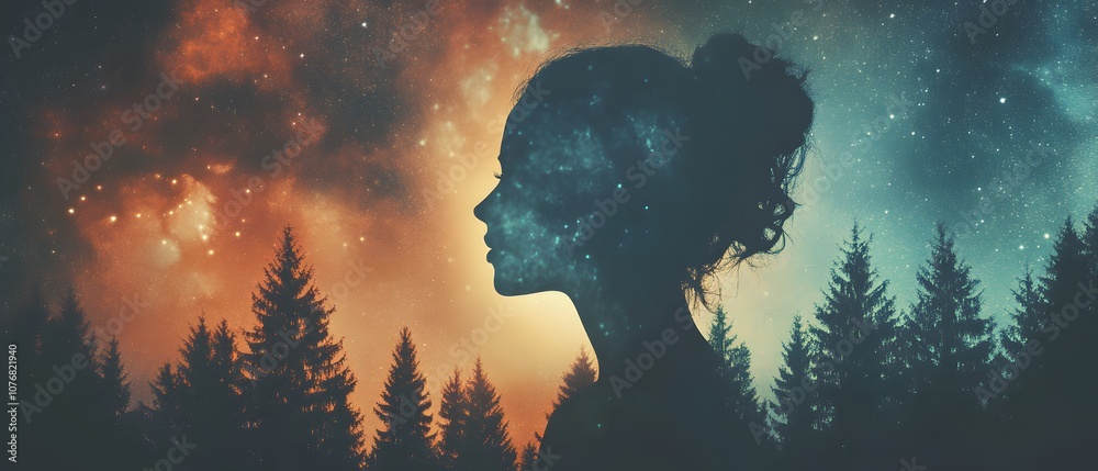 Poster ethereal silhouette of a woman against a cosmic background with stars and trees in a dreamlike fores