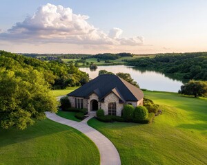 Obraz premium Grand countryside estate with a private lake, winding driveways, and spacious outdoor entertaining areas