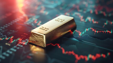 Gold bar with stock market graph