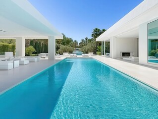 Fototapeta premium Expansive desert mansion with modern lines, a central pool oasis, and shaded outdoor seating areas
