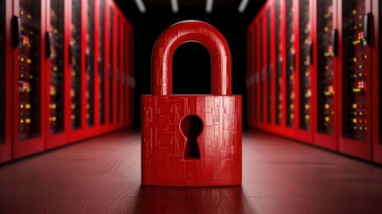 A prominent red padlock stands in a data center, symbolizing security and protection in a high-tech environment.