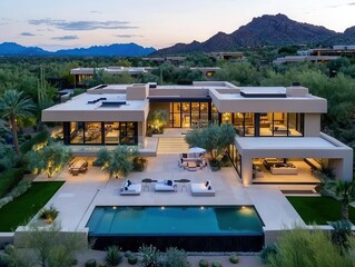 Fototapeta premium Expansive desert mansion with modern lines, a central pool oasis, and shaded outdoor seating areas