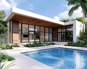 Fototapeta premium Highend tropical property featuring modern architecture, lush gardens, and a poolside cabana