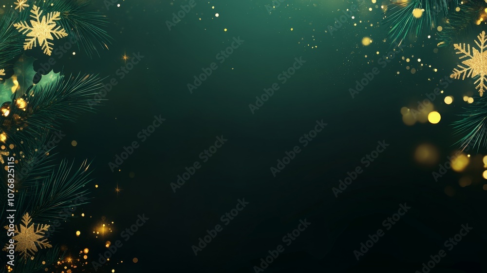 Poster a beautiful green and gold background adorned with sparkling lights and delicate snowflakes creates 