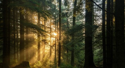 Obraz premium Sunbeams Through the Trees in a Foggy Forest