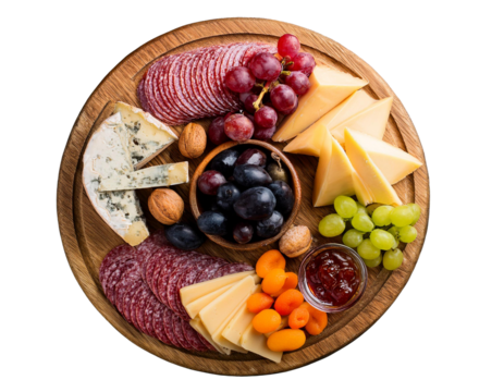 Tabla de embutidos y quesos, con frutos secos, uvas, pasas, mermelada, queso azul, salami, tabal de comida PNG