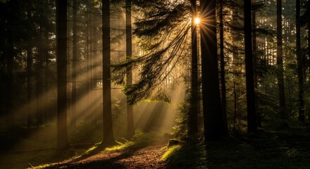 Obraz premium Sunbeams Through the Trees in a Forest