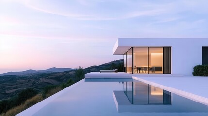 Fototapeta premium Contemporary glass mansion overlooking rolling hills, infinity pool reflecting the landscape, and luxury interiors