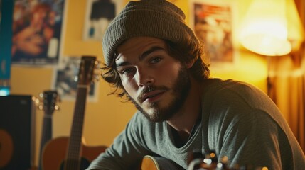 Young bearded man wearing casual attire and a beanie, deeply focused on playing an acoustic guitar, streaming a guitar lesson from a cozy, music-inspired room decorated with posters and instruments.