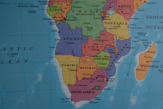 Map of Southern Africa including Congo, Tanzania, Angola, Zambia, Mozambique, Zimbabwe, Namibia, Botswana, South Africa, Kenya, and Madagascar.