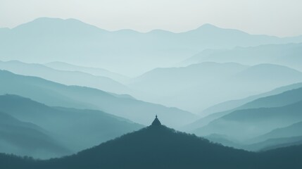 Naklejka premium A scenic view of a mountain range with a small Buddhist stupa nestled among the hills, enveloped in mist