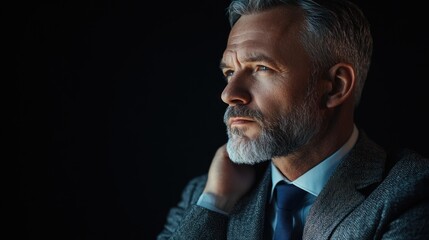 Obraz premium A thoughtful man in a suit gazes into the distance, conveying contemplation and sophistication.