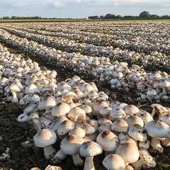 Fototapeta premium Sunlit mushrooms sprouting in a vibrant green field, creating a picturesque natural scene