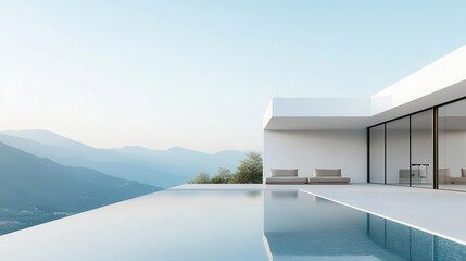 Fototapeta premium Expansive modern villa with large open terraces, an infinity pool, and panoramic mountain views