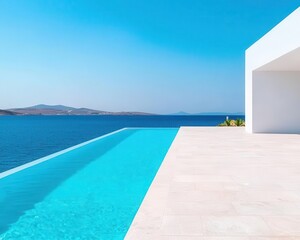 Fototapeta premium Spacious villa with large open spaces, minimalist design, and a rooftop lounge overlooking the sea