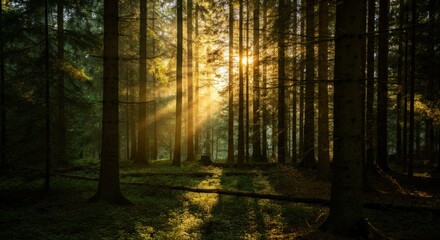 Fototapeta premium Sunlight Beams Through Forest Canopy