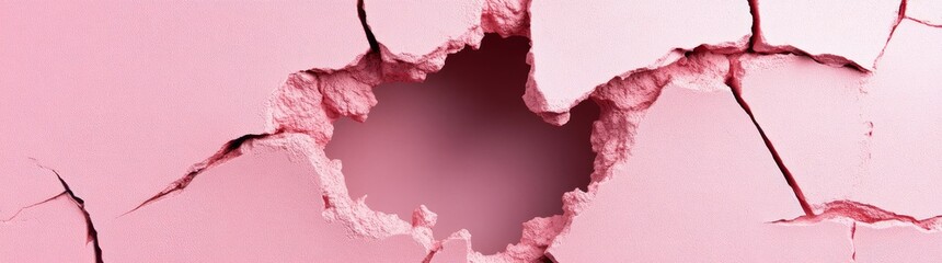 Obraz premium Pink broken concrete wall or ground. Realistic 3d cracks and holes various size. Old or damaged by earthquake texture. Destruction effect with fissure and fracture. 