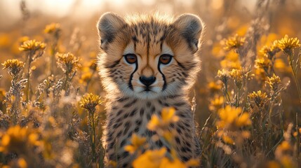Obraz premium A cheetah cub with a curious expression sits in a field of yellow wildflowers.