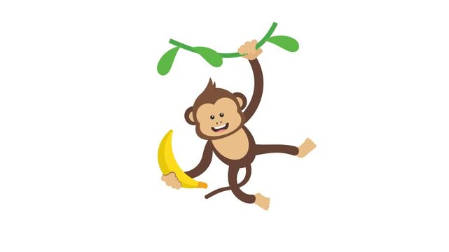 Cute Monkey Cartoon character swinging and holding a banana in his hand, transparent background, alpha channel setting, loop animation