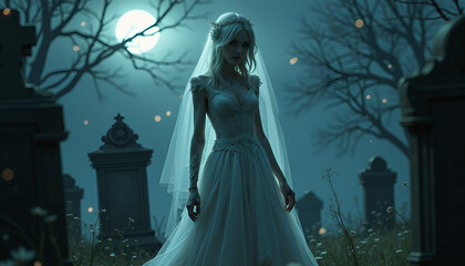 Ghost bride haunting a graveyard under a full moon in a dark fairy tale setting