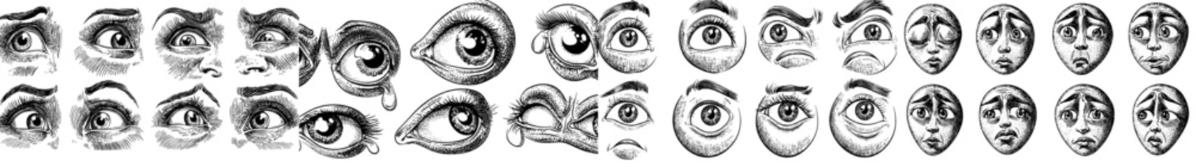 Fototapeta premium Cartoon eyes in human expressions. Comic caricature of human emotions, angry and happy faces. Isolated modern illustration icons.