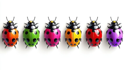 Fototapeta premium Colorful ladybugs lined up, showcasing vibrant hues and unique patterns, isolated on white background