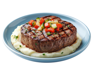 Juicy grilled steak served on creamy mashed potatoes with fresh vegetable garnish, on transparent background.
