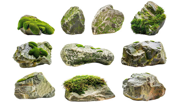 Set of natural moss-covered rocks and boulders isolated on a transparent background